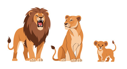 Group of three majestic lions including a roaring male a sitting female and a standing cub are shown together. © Mim