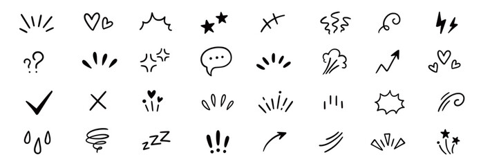 Obraz premium Effect icon line comic set. Hand drawn effect icon line with heart star arrow sketch mark movement. Cute cartoon sparkle emoji question exclamation manga emotion doodle. Vector illustration