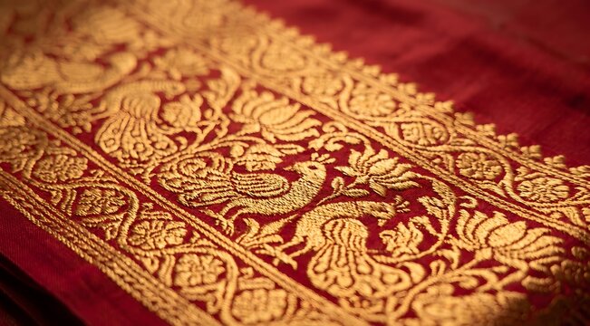 Macro photograph of Kanchipuram-style silk saree border showing intricate gold zari threadwork woven into the crimson silk base fabric. The temple-inspired geometric border pattern with peacock.