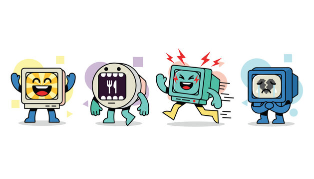 Group of four funny retro computer and device cartoon characters expressing different emotions on white background.