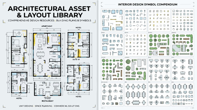 Architectural asset and layout library, comprehensive building plan symbols vector set, interior design symbol compendium for floor plans