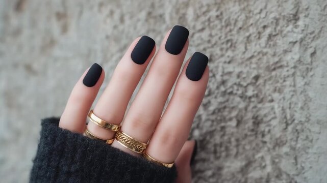 A hand showcasing long black matte nails rests flat against a light surface. The hand is adorned with a striking gold ring featuring multiple stacked bands, creating a chic look.
