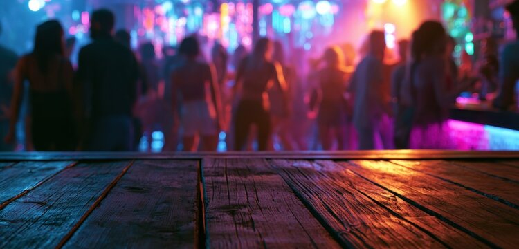 Wooden bar counter overlooking a crowded nightclub dance floor with colorful neon lights and blurred silhouettes of people dancing