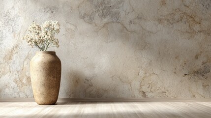 Rustic vase with delicate white flowers stands on a wooden floor near a textured wall. © free