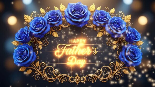Happy father?s day greeting with blue roses and golden frame animation 4K Ai HD high quality video.