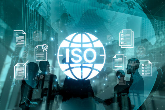 Concept of ISO certification for business quality management. This international standard ensures compliance, process control, and assurance for products and services. Fermion