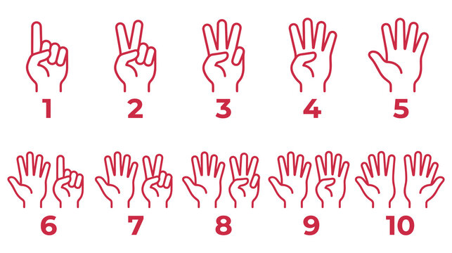 Number hand gesture icons set showing count from one to ten using fingers in red strokes.
