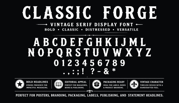 Classic Forge Vintage serif display font alphabet set for branding and logo design
