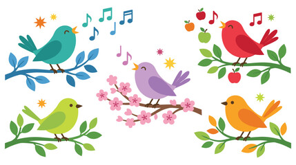 Fototapeta premium Collection of colorful cute birds singing on branches with fruits flowers and music notes.