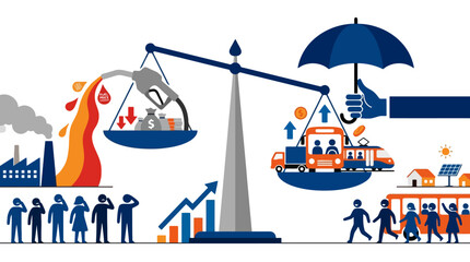 Naklejka premium Conceptual illustration of ecological balance comparing fossil fuel pollution and clean public transportation. EPS Editable