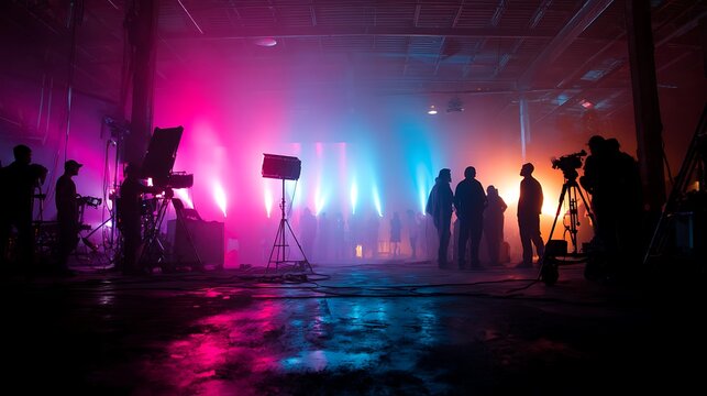Film production set with dramatic neon lighting and crew members silhouettes.