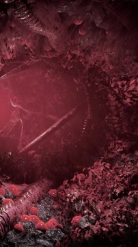 The scene shows a dark red forest filled with trees and unseen shapes. Light filters through the leaves, creating shadows on the ground with small red objects scattered.