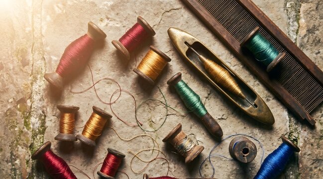 Artistic flat lay of a collection of antique wooden silk bobbins and thread spools arranged on a textured stone surface. Silk thread in rich colors &mdash; crimson, gold, jade green, cobalt.