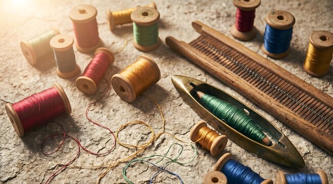 Artistic flat lay of a collection of antique wooden silk bobbins and thread spools arranged on a textured stone surface. Silk thread in rich colors &mdash; crimson, gold, jade green, cobalt.