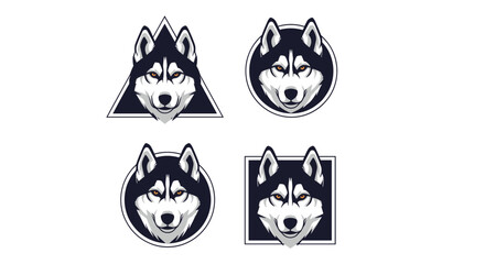 Set of four logos featuring a husky dog head within different geometric shapes like circle triangle and square. © Mim