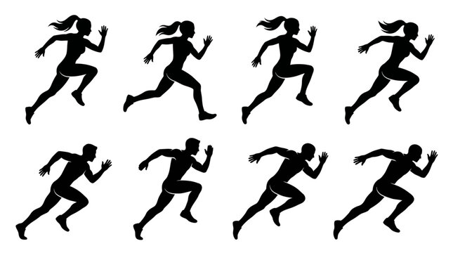Energetic male and female sprinter silhouettes in full stride, representing athletic pursuit and speed
