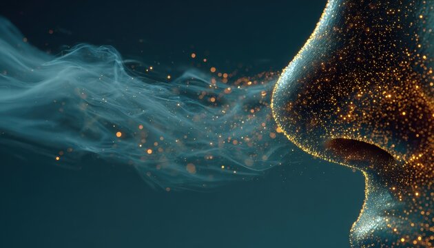 Human nose in profile inhaling aromatic vapor and golden particles, representing the sense of smell, olfactory perception, and breathing