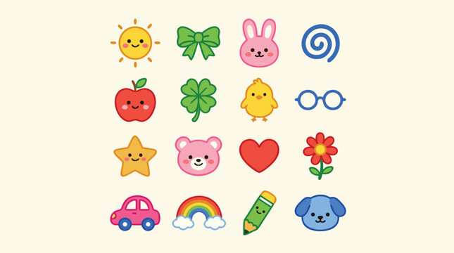 Collection of cute cartoon icons featuring a sun apple bunny flower dog and more