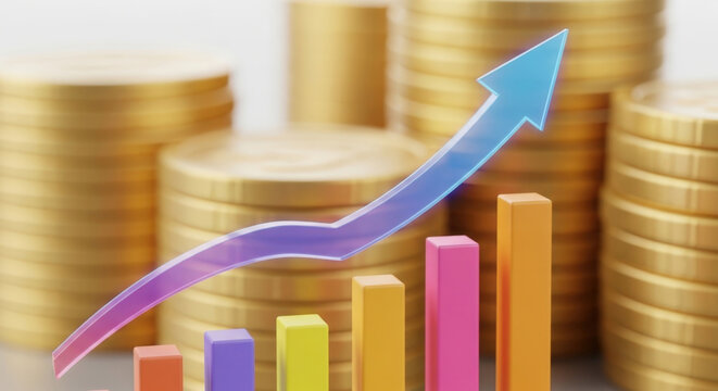 Multi colored bar chart displaying upward growth arrow over stacked gold coins symbolizing increasing wealth and positive economic development.