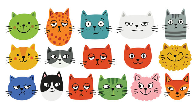 Collection of diverse cute cartoon cat faces expressing various emotions in a vibrant artistic style