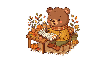 Cute Bear Writing and Drawing Autumn Scene © jas