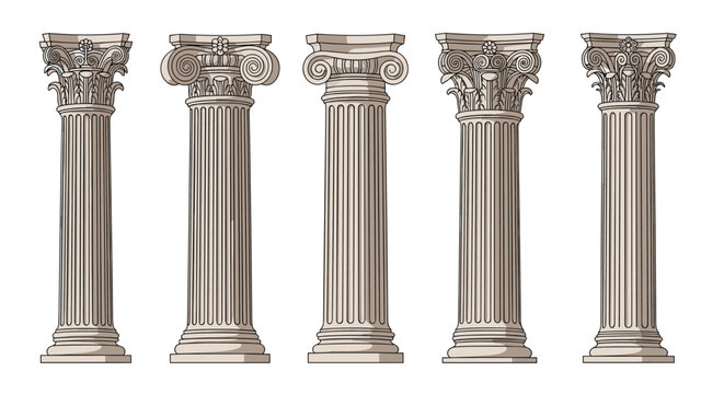 Row of five different classical greek and roman columns with ornate capitals is shown on a white background.