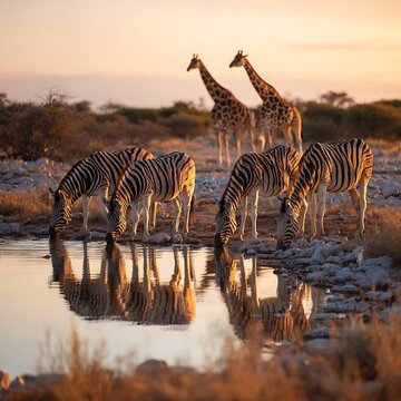 Zebras drinking water from a rocky pond with giraffes standing in the distance at sunset
