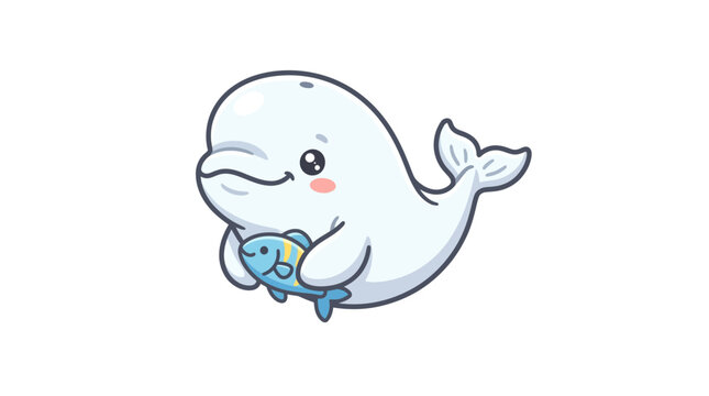Cute Beluga Whale Holding a Small Fish, Cartoon Style