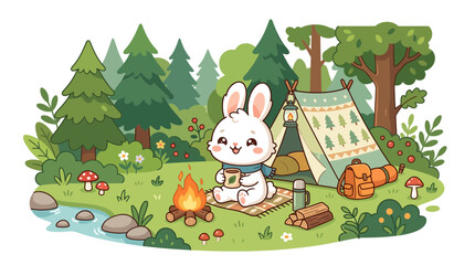Fototapeta premium Cute Bunny Camping in Forest with Tent and Campfire