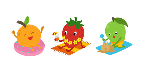 Fototapeta premium Illustration set featuring cute cartoon fruit characters in various tropical-themed activities