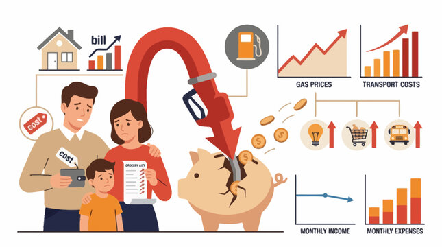 Family facing financial stress due to rising gas prices and inflation vector illustration. EPS Editable