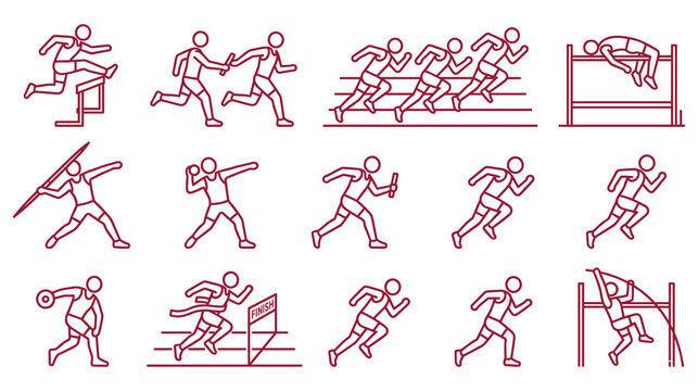 Athletic track and field competition sports event icons line art pictogram collection.