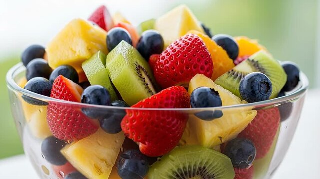 Colorful and vibrant fruit salad bowl of strawberries, blueberries, kiwi and pineapple, all organic, vegan and vegetarian diet and lifestyle with outdoor green landscape background