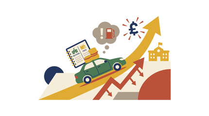 Fototapeta premium Illustration of rising cost of living and inflation with car driving up arrow. EPS Editable
