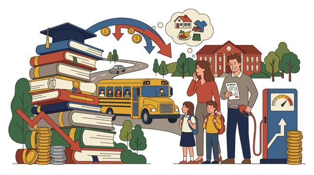 Illustration of family facing rising education costs and inflation expenses. EPS Editable
