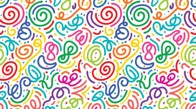 Colorful abstract doodles and confetti patterns on a white background for festive celebration designs