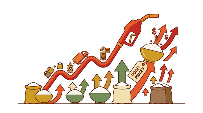 Illustration of rising food and fuel prices showing economic inflation with upward arrows and grain sacks. EPS Editable