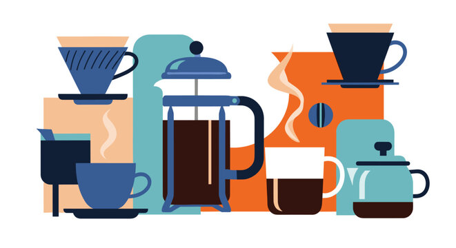 Assortment of coffee preparation tools including a french press pour over drippers and cups is shown in a colorful style.