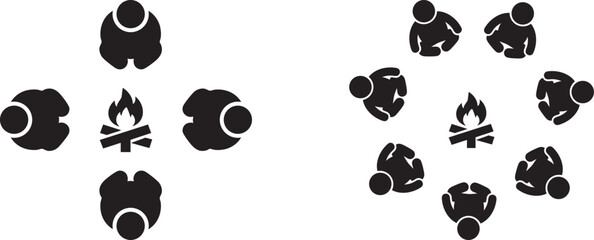 Fototapeta premium People Sitting Around Campfire Icon Set, Group of Stick Figures Gathered Around Bonfire Top View, Camping Team Pictogram Vector Illustration