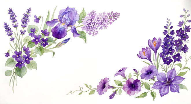 Purple watercolor iris lavender and crocus floral border, by generative AI technology