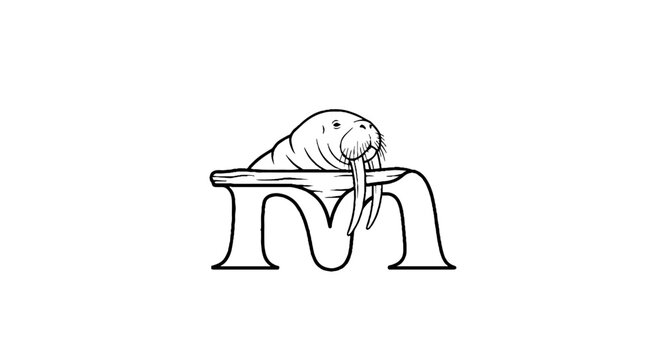 Manatee resting on stylized letter M illustration.