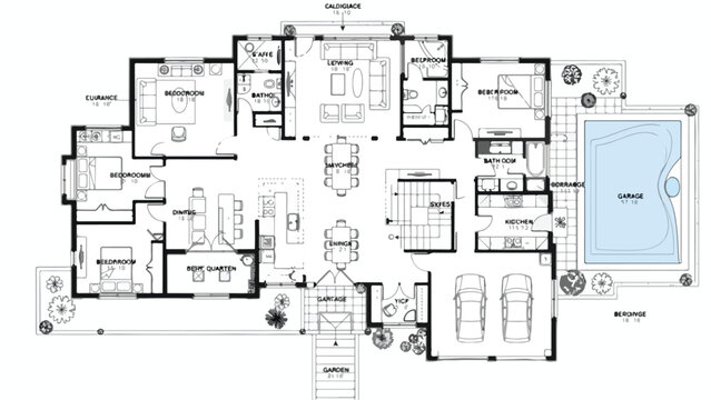 Architectural house floor plan with swimming pool and garden, detailed residential blueprint vector, modern villa layout with garage and terrace
