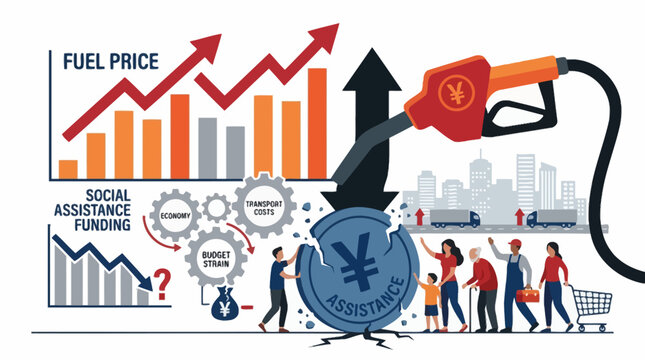 Illustration of rising fuel prices causing economic crisis and cracking yen currency coin affecting people. EPS Editable