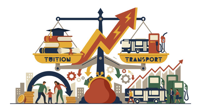 Illustration of scale balancing rising tuition and transport costs with family budget concept. EPS Editable
