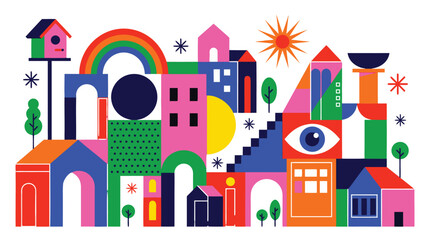 Obraz premium Whimsical abstract cityscape featuring colorful geometric buildings trees and a rainbow with an eye motif