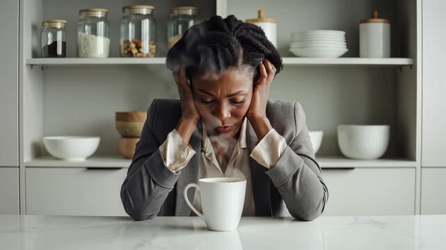 Stressed African American woman in blazer holding head in pain at home kitchen with hot coffee mug