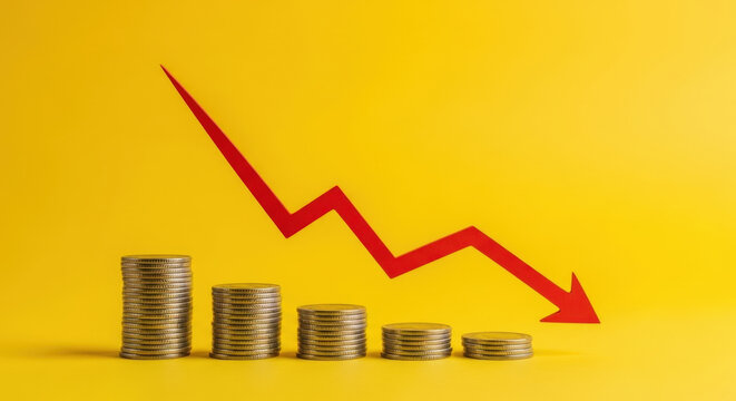 Multiple stacks of silver coins arranged in descending order under red arrow showing financial loss and market decline on yellow backdrop.