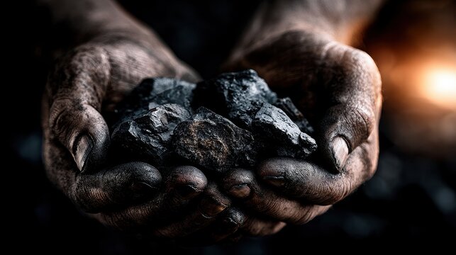 Coal miner holding rough coal nuggets in dirty hands