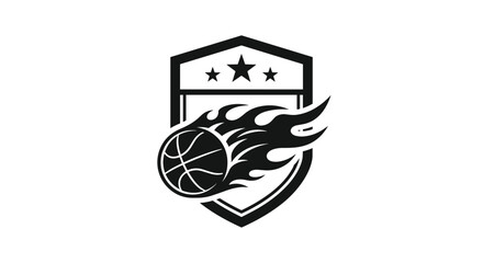 Basketball with dynamic black flames and a protective shield logo design representing sports competition and team spirit. © Mim