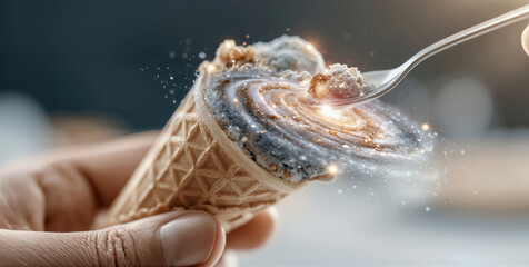 Fototapeta premium Galaxy treat display. Highresolution image of sparkling star dust garnished cosmic flavored dessert